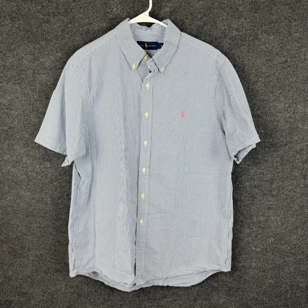 Polo Ralph Lauren Shirt Mens XL Blue White Striped‎ Seersucker SS Button Down